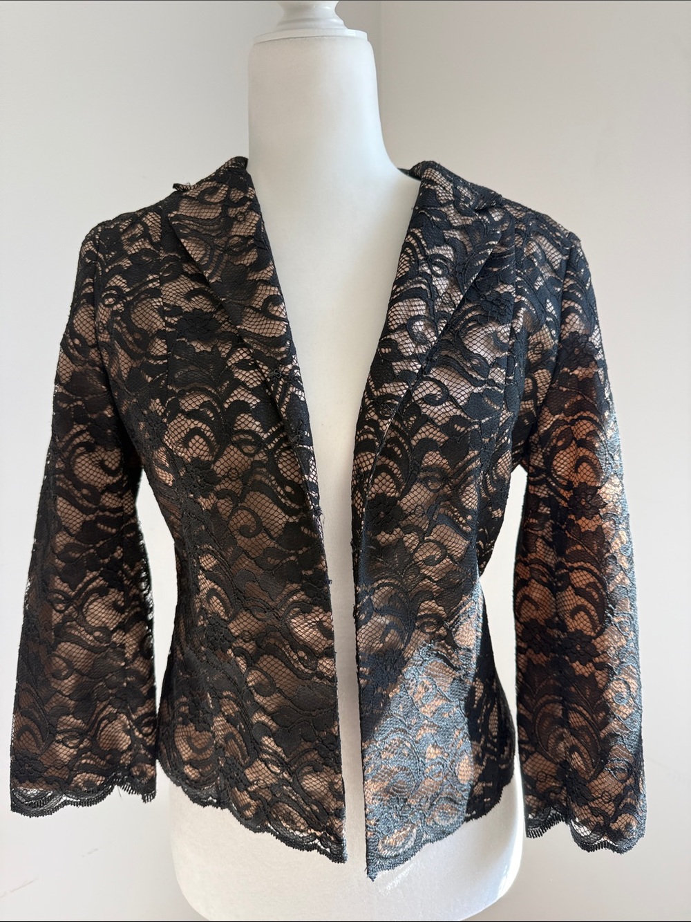 Vintage Cache Black Lace Blazer Jacket Beige Lining Sheer Floral Evening Small
